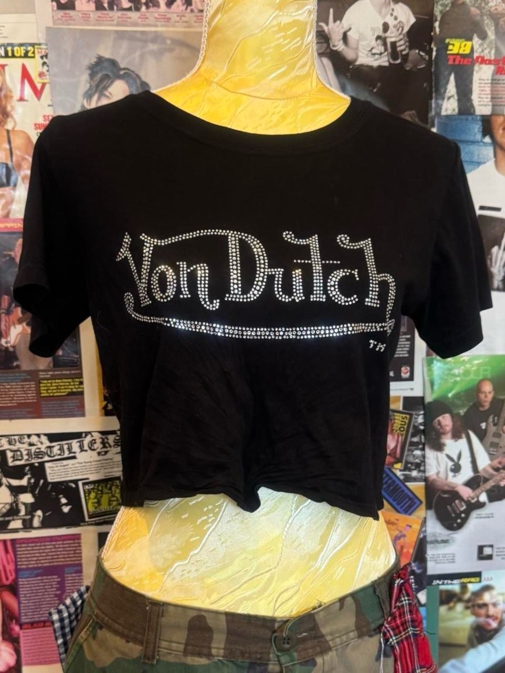 Von Dutch Black Rhinestone Logo Cropped Tee